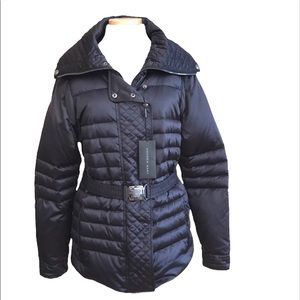 Andrew Marc Quilted Down Belted Satin Puffer Coat Jacket Black Size XL NWT FLAW